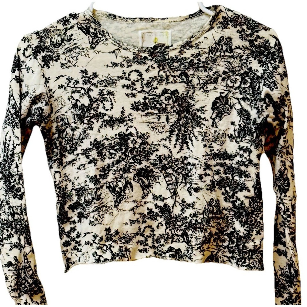 Vintage Free People Y2K Toile Print Long Sleeve Fitted Top One Size USA Cottage